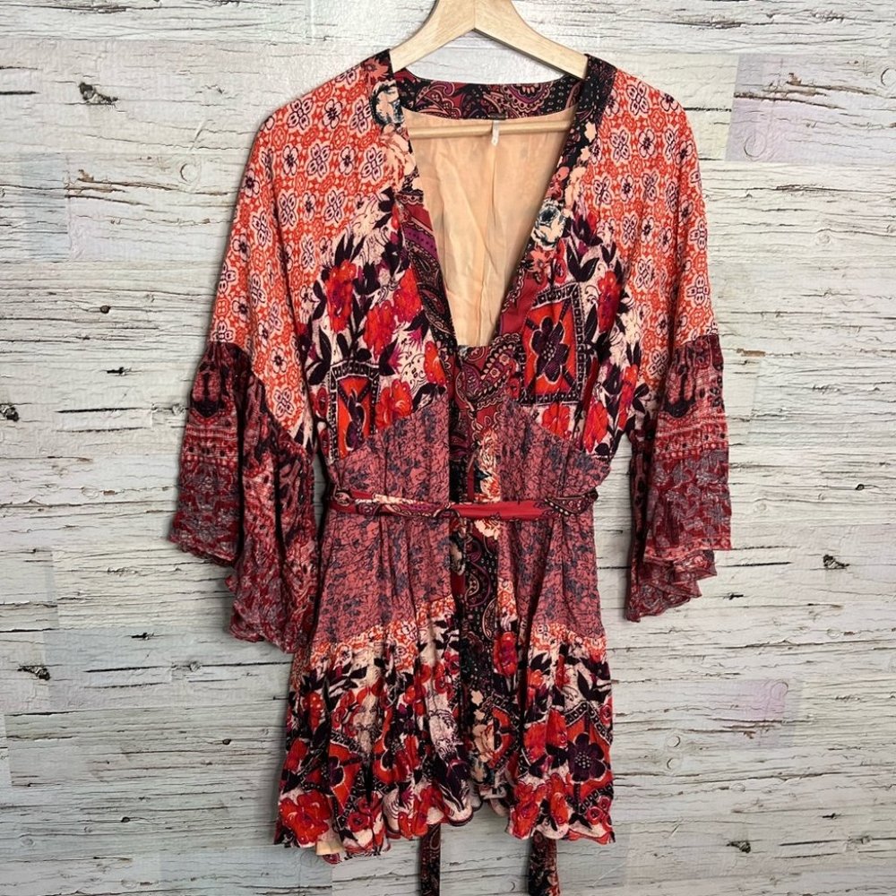 Free People Gypset Kimono Mini Dress Size S Belted Pockets Bohemian Mixed Print